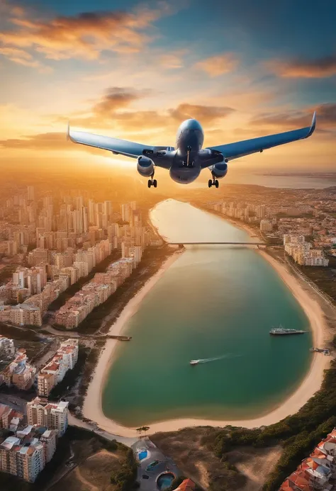 Happy bald man flying airplane over the city of Fortaleza, poster, escrito "Fortaleza", highes definition