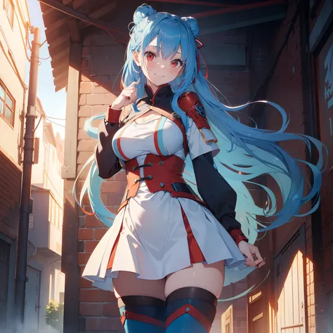 (masutepiece,Best Quality,8K),(extremely detailed CG1.1),1 girl,Smile,large boob,alleyway,(From below:1.2),Summer light,Intricate details , Hyper realistic, Perfect Anatomy,Red Eyes,Bun,(((lightblue hair))),Bangs,hair slicked back,Full body,battle uniform