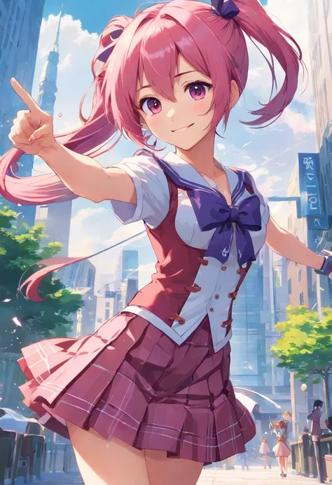 (((best quality))), 1girl, pink hair, purple inner hair, smile, twintails, box pleated skirt, miniskirt, short sleeve, magicalschool, red check dress, (corset), zettai ryouiki, pointing her bow, official art