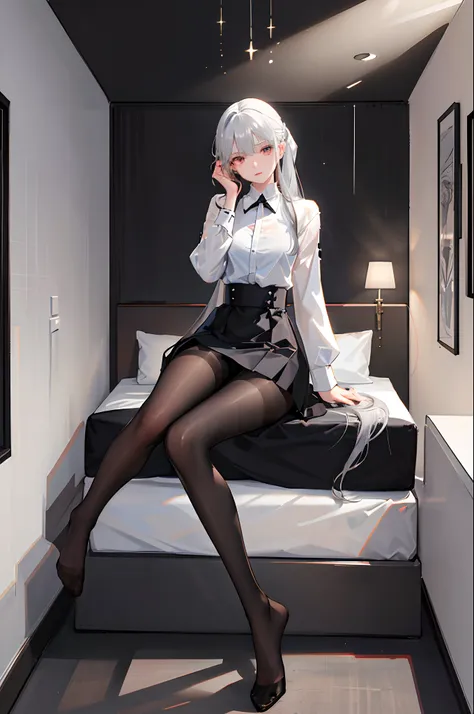 (((1 girl)),ray tracing,(dim lighting),[detailed background (bedroom)),((silver hair)),((silver hair)),(Fluffy silver hair, plump and slender girl))) with high ponytail))) Avoid golden eyes in the ominous bedroom ((((Girl wears a white shirt, black wrinkle...