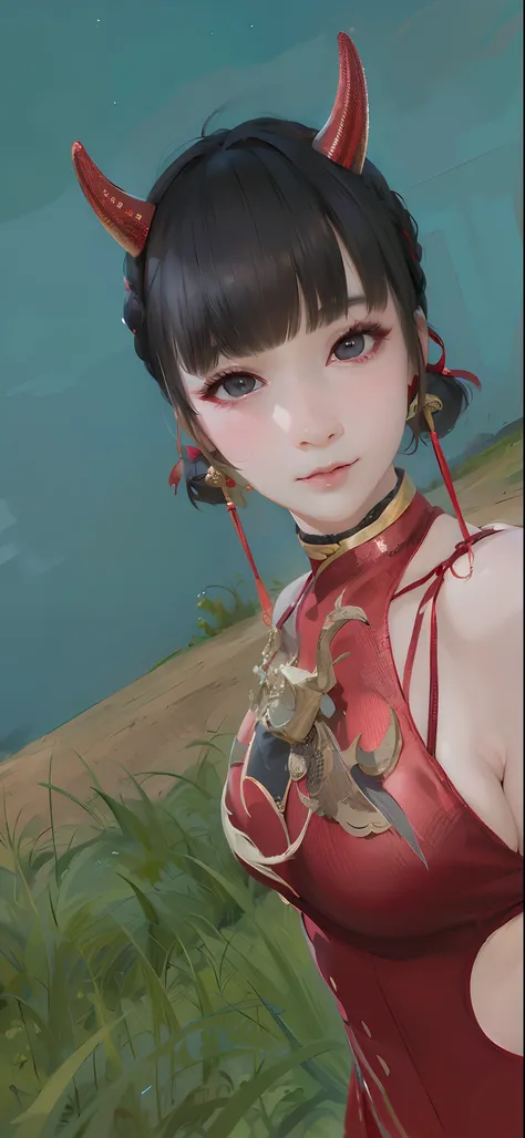 there is a woman in a red dress with horns on her head, inspired by Pu Hua, wearing a red cheongsam, inspired by Ma Yuanyu, cheongsam, asian hyperdetailed, inspired by Lan Ying, inspired by Ai Xuan, china doll face, inspired by Lü Ji, guweiz, portrait c 12...