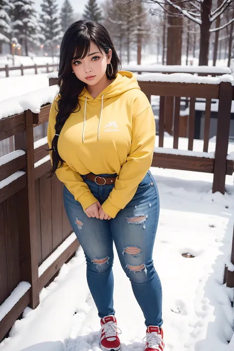 Beautiful sensual woman with a curvy body, long hair, bangs, french braid, wide waist, fitting breasts, curvy accentuated booty, sparkling eyes, long eyelashes, Strong calves, shy Look, taniaayusiregar, yellow hoodie, jeans, belt, red sneakers, standing in...