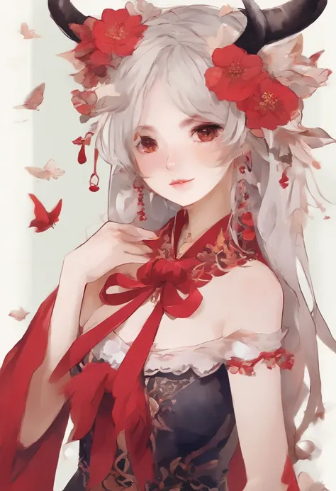 there is a woman in a red dress with horns on her head, inspired by Pu Hua, wearing a red cheongsam, inspired by Ma Yuanyu, cheongsam, asian hyperdetailed, inspired by Lan Ying, inspired by Ai Xuan, china doll face, inspired by Lü Ji, guweiz, portrait c 12...