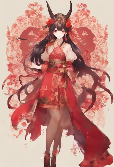 there is a woman in a red dress with horns on her head, inspired by Pu Hua, wearing a red cheongsam, inspired by Ma Yuanyu, cheongsam, asian hyperdetailed, inspired by Lan Ying, inspired by Ai Xuan, china doll face, inspired by Lü Ji, guweiz, portrait c 12...