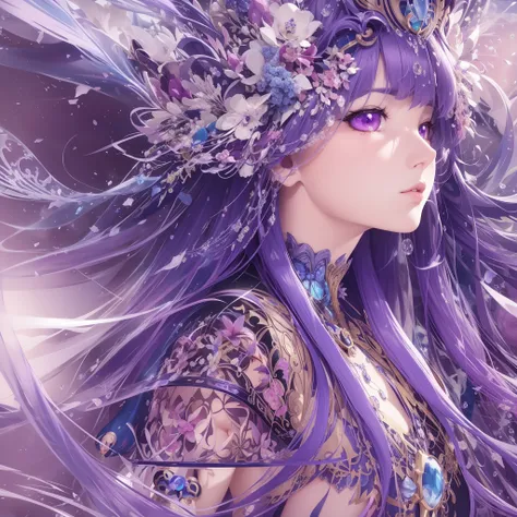 Anime girl with long hair and blue and purple hair wearing a crown, ((a beautiful fantasy empress)), a beautiful fantasy empress, Detailed digital anime art, Anime fantasy illustration, 4k highly detailed digital art, Anime fantasy artwork, 8K high quality...