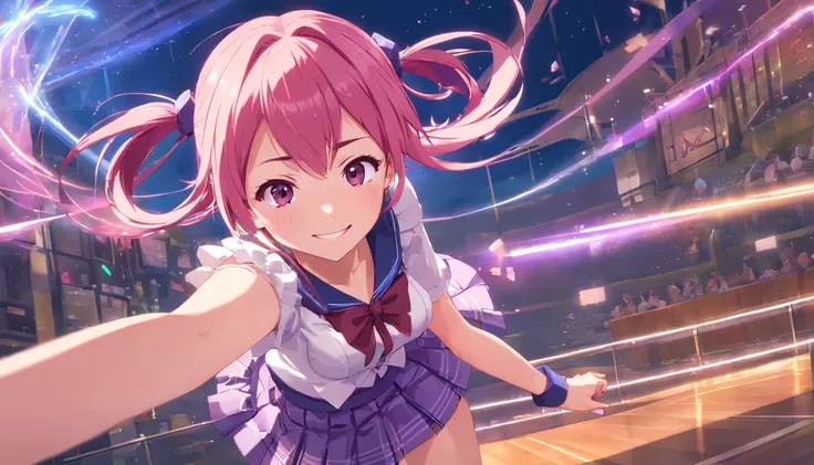 (((best quality))), 1girl, pink hair, purple inner hair, smile, twintails, box pleated skirt, miniskirt, short sleeve, magicalschool, red check dress, (corset), knee socks, pointing her bow, dynamic pose, official art