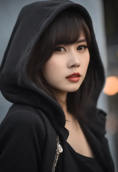 1 young Japan woman、Japan Pop Singers、Cute eyes like a cat、Hairstyle is short、Passionately sing rock、Sing in front of a large audience、Wear a black sleeveless hoodie、Wear shiny long pants in a tight silver color、dignified expression、Composition of close-up...