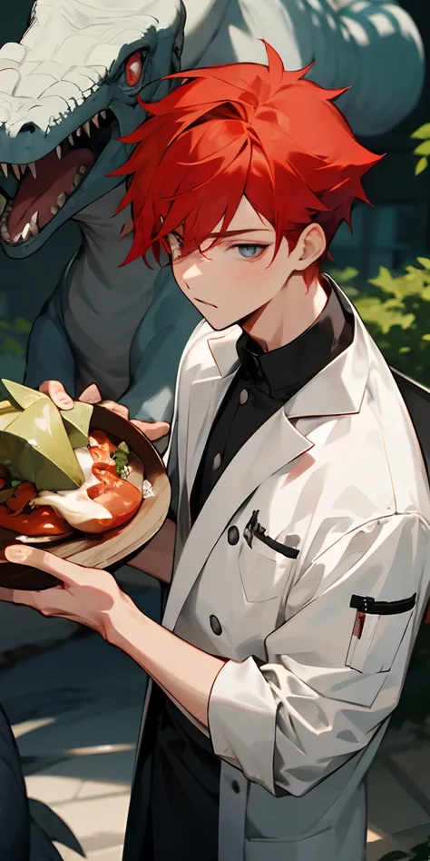 (chef-d&#39;work, beste-Qualit), 1 boy with red hair and eyes surrounded by dinosaurs