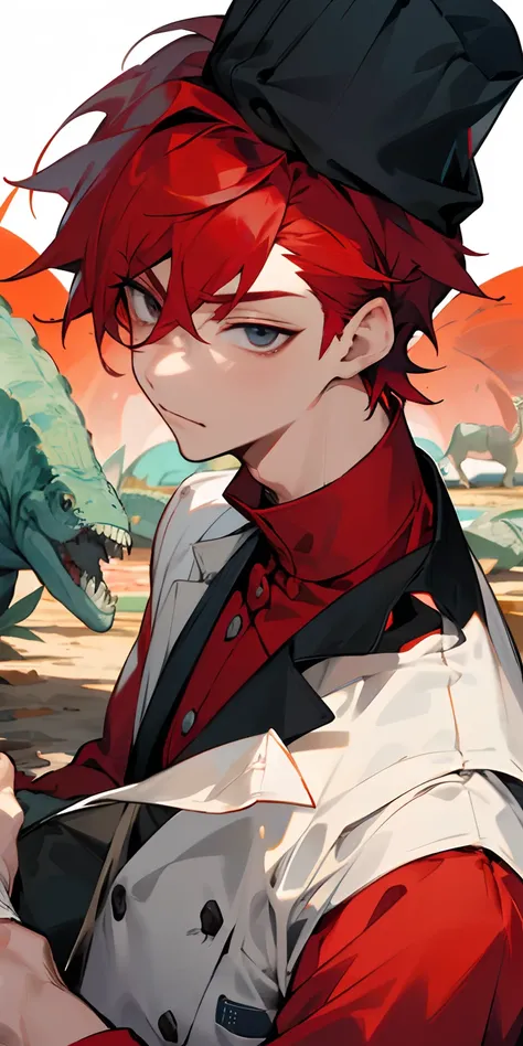 (chef-d&#39;work, beste-Qualit), 1 boy with red hair and eyes surrounded by dinosaurs