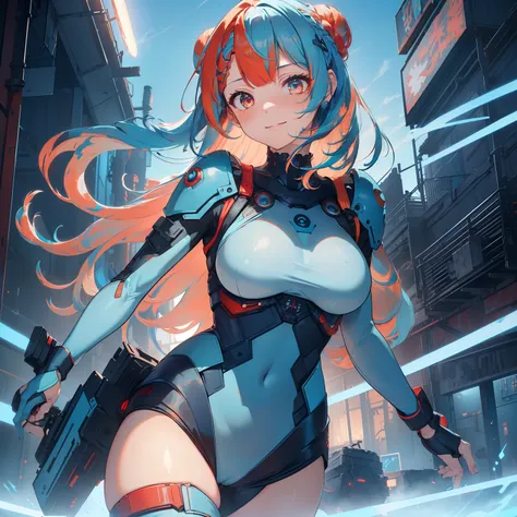 (masutepiece,Best Quality,8K),(extremely detailed CG1.1),1 girl,Smile,large boob,factories,nighttime scene,(From below:1.2),Summer light,Intricate details , Hyper realistic, Perfect Anatomy,Red Eyes,Bun,((((((lightblue hair)))))),blunt bangs,hair slicked b...