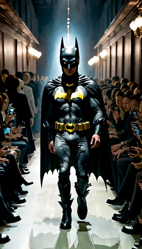 hyperrealistic and heavy detailed fashion runway show inspired by batman, detailed face, real, atmospheric, sharp, 8k, canon50, ...