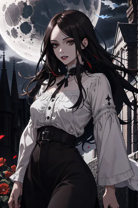 (absurdres, highres, ultra detailed), 1 woman, adult, beautiful, white girl, long dark hair, dark brown eyes, dark makeup, finely detailed eyes and detailed face, fantasy, night, dark theme, cinematic lighting, colorful, portrait , flying petal, cloudy sky...