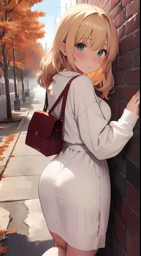 fluffy hair,a blond,Green eyes,Lean forward and stick your butt out,Clothes with long sleeves that look warm,put ones hands on the wall,red tide,Look back in embarrassment,Brick foreign cityscape,Autumn outfit,White dress with knitted material,Loose dress,...