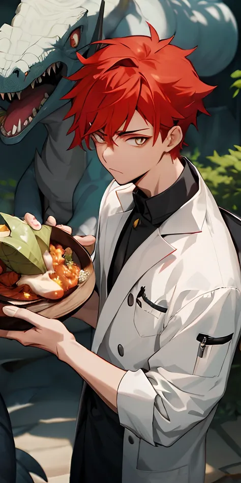 Anime boy with a dinosaur in the background, ❤🔥🍄🌪, Tanjiro Kamado, handsome guy in demon slayer art, Anime food, Meilleur Chef, tu es la nourriture du dragon, demon slayer rui fanart, Orange - Anime boy with hair, highly detailed exquisite fanart, Detailed...