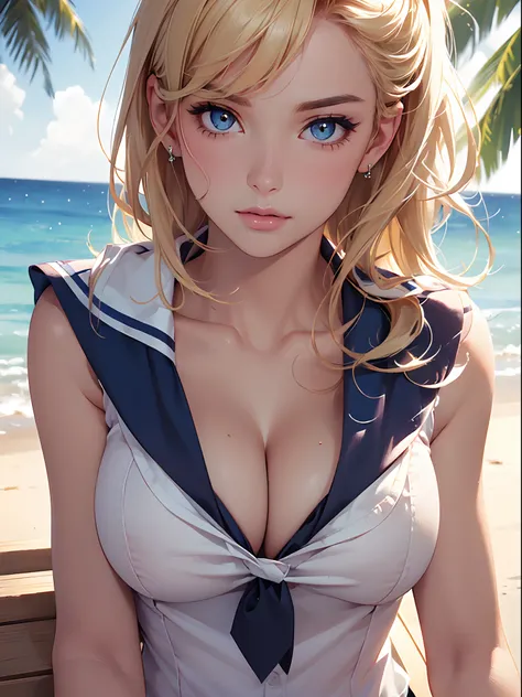 (((close up of upper body))),  (large breasts), (((cleavage))),  ((Smooth texture, Realistic texture, Photorealistic)),  Detailed beautiful eyes, Beautiful eyelashes, emerald eyes, blonde medium hair, extremely detailed CG unified 8k wallpaper, very fine 8...