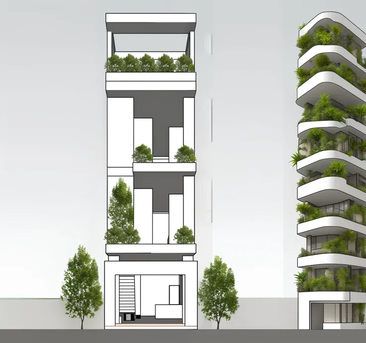 a rendering of a tall building with a lot of plants on the top, elevation view, frontview, front-view, front elevation view, with vegetation, mid-view, concept house, hq very detailed, full building, complete house, building cover with plant, front perspec...