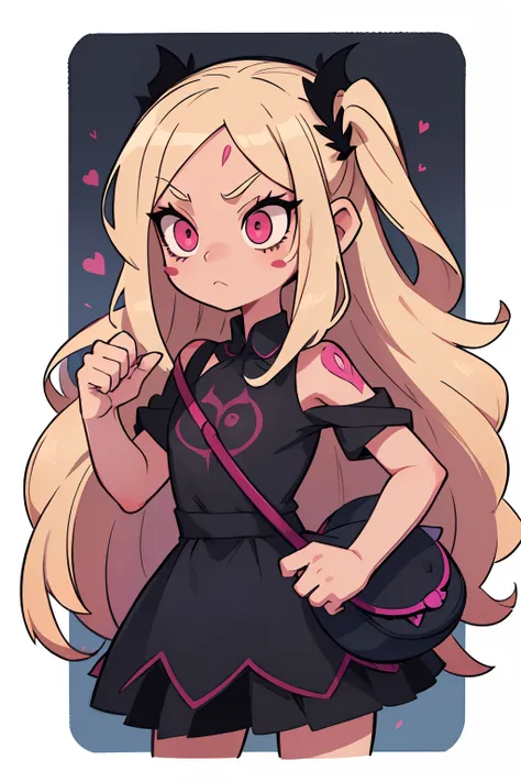 ((beste-Qualit, tmasterpiece)), 
Girl with long hair,blonde woman,,White Skin Skin,pink eyes,Black Long Cat Dress, with Haloween design,Spider web tattoo on the arm,A lot of small details, Black Cat Bag,Lots of bag stickers,Dark background