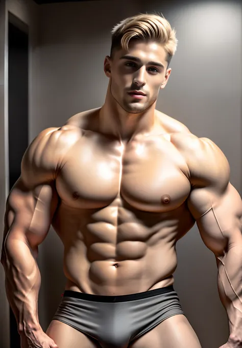 BEAUTIFUL MUSCULAR 30yo MAN IN BATHROOM best quality, high resolution, realistic,  naked man, looking at viewer,  blonde short hair, large pecs, muscular chest, muscular, muscular legs, sweaty body, sweaty skin,  stocky, pecs, solo, male focus, thick thigh...