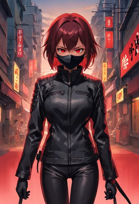 "(best quality,highres),(realistic:1.37),dark atmosphere,red eyes,black and red ninja suit,red mask,black leather jacket,long black pants"