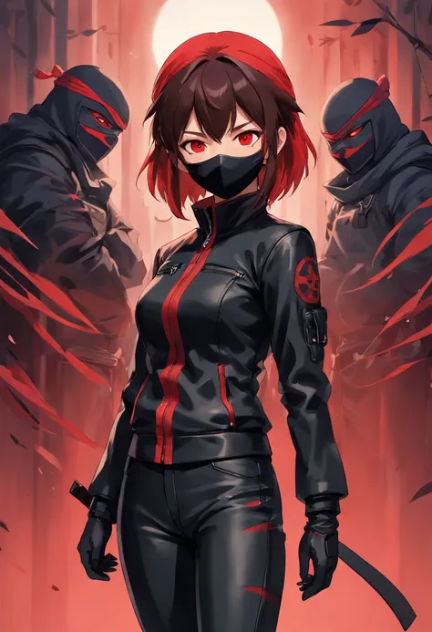 "(best quality,highres),(realistic:1.37),dark atmosphere,red eyes,black and red ninja suit,red mask,black leather jacket,long black pants"