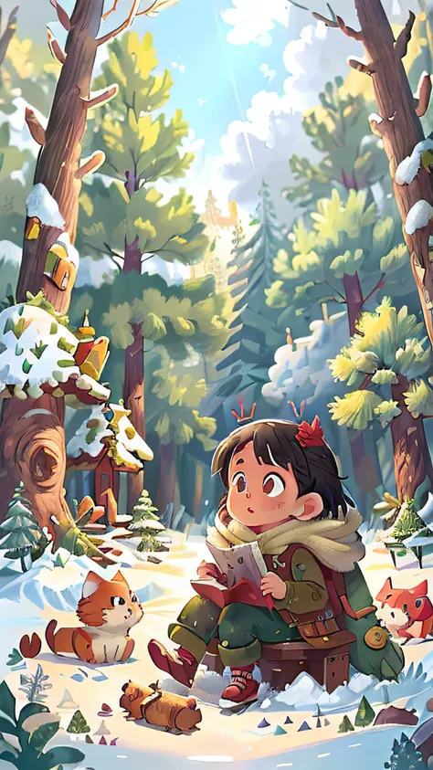 Open forest in winter， (Masterpiece art drawing， 1 adventurous girl,  ( Detailed enhanced animations），Winter clothing，Coat  (detailed masterpiece)，ln the forest， (realisticlying)，rays of sunshine， ​​clouds，Vacant land，pines（There is snow on the trees），log ...