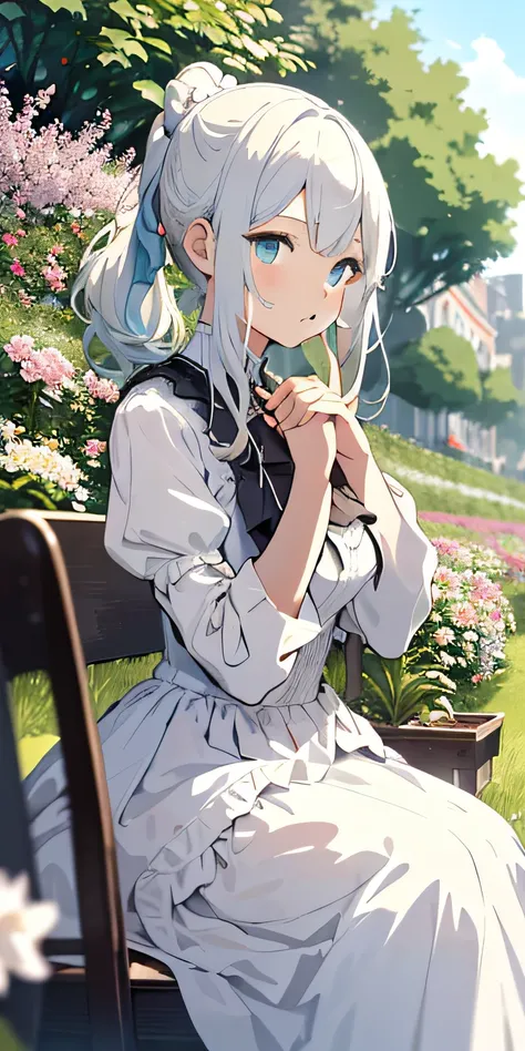 （tmasterpiece，best qualtiy），1 girl with long white hair sitting in a field of greenery and flowers，her hand under her chin，warmly lit，white dresses，Blurred foreground white color hair，Double ponytail curls，blue color eyes，White Lolita，Beth，A bustling city ...