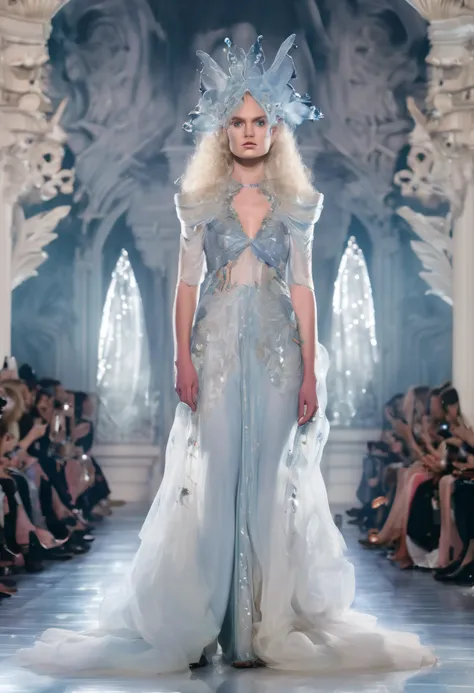 featuring a beautiful female model, wearing a stunning custom-designed outfit inspired by Modern Magic, with ethereal elements and whimsical details. The composition exudes an air of mystique and wonder, with the models ethereal beauty and flowing locks mi...