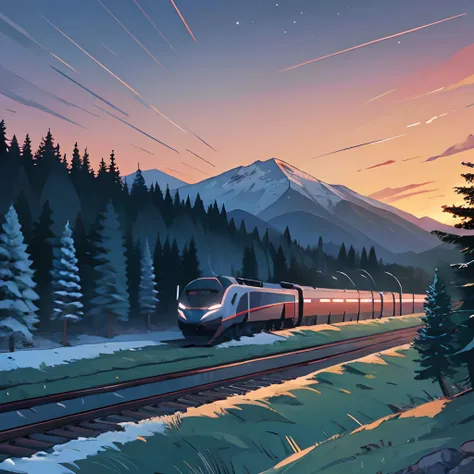 High-speed train, mountain background, twilight, pine forest, river,