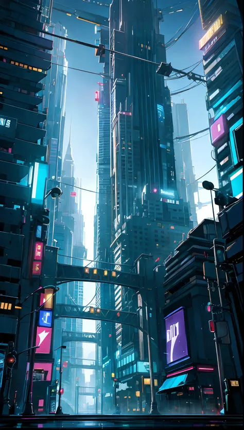 City of Gotham from a corner, no people on the streets, buildings, hoardings, big screens showing joker, city fully covered in Fogg, night, dark sky with no clouds, a little shade of yellow, dim Street lights, electric poles, cyberpunk and neon theme, chro...