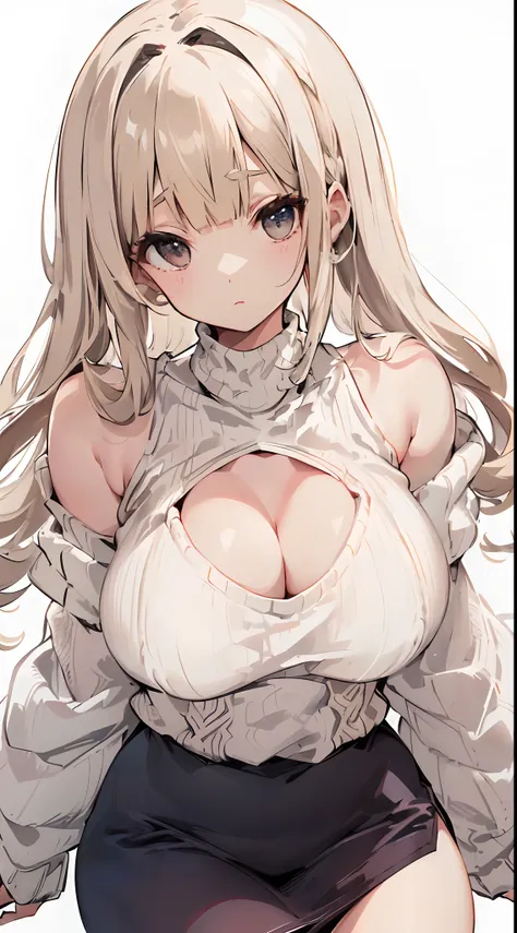 女の子 1 人、top-quality、((Longhaire、off shoulders、Off-arm、bbw、Beige hair color、knitted sweater、highleg、white backgrounid、Close-up from chest up、facing front、symmetry、bbw))、symmetry、A MILF、thick thighs、facing front、looking-down