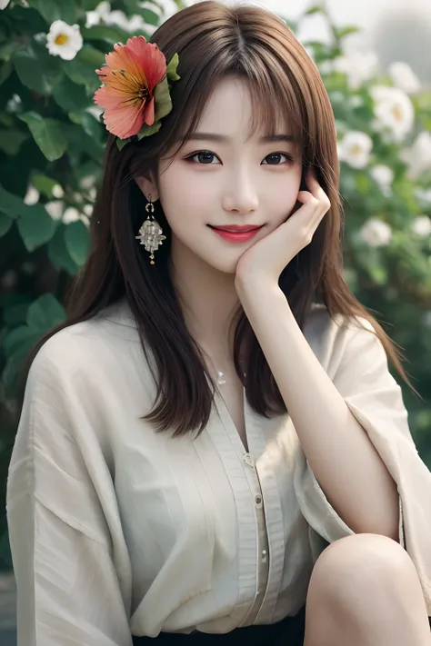 Girl Kujomi, 1girll, (Smile), Photo art, The background is blurred out, Brown eyes, Brown hair, Earrings, flower, hair flower, hair adornments, jewelry, Lips, Makeup, Skirt, Solo, An amazing photo with beautiful saturation, 超高分辨率,(Realistic:1.4)),deepshado...