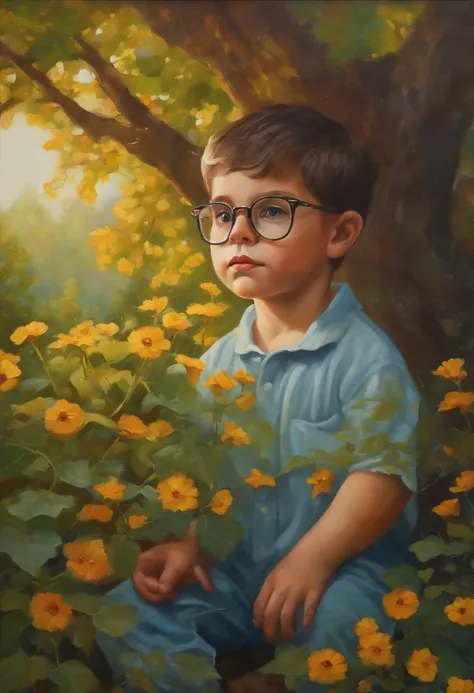 A boy with glasses with a precious stone in his hands, sentado no quintal de sua casa, a pedra brilha com cores vivas sob a luz do sol, Trees and flowers surround the yard, an atmosphere of wonder and wonder, Pintura, acrylic on canvas, --ar 16:9 --v 5.