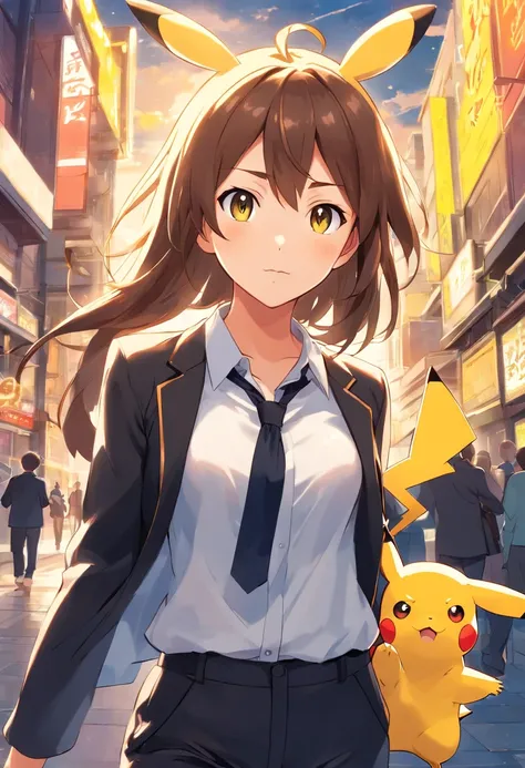 Pokémon: Pikachu，White color blouse，Black pantsuit