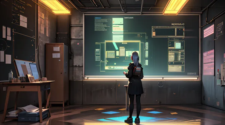 masterpiece, best quality), Cyberpunk, interior of a classroom, tables, couch, blackboard, digital board, neon light, noon, paper on the floor, hologram projector, digital books, girl teacher standing at front of the black board. -- --auto --s2