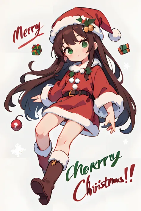 The upper part of the body、Christmas、(Christmas、1girl in、cute little、)Santas Hat、Santas Clothes、onepiece、Long、long boots、Brown long boots、present、Dark brown long hair、Green eyes(Masterpiece、8K、The upper part of the body、)((The letters Merry Christmas))Back...