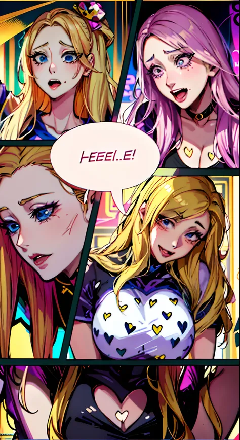 a comic book，there are two girls' hearts on it, kda, comic shade, so happy that her face hurts, epic feels, manhwa style, jojo a...