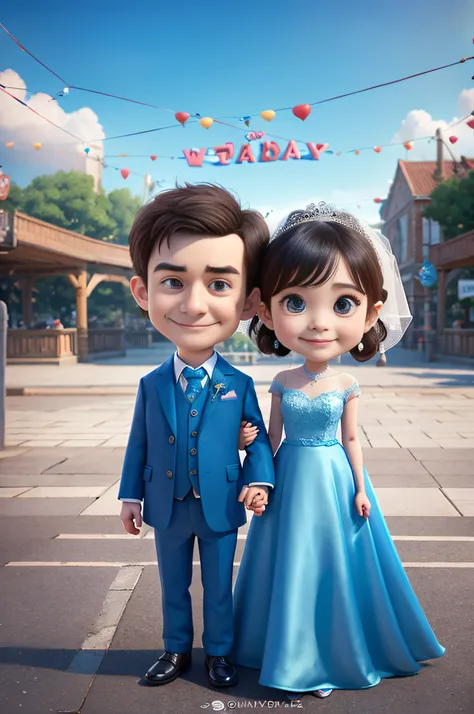 a young man and a woman,pixar,3D,Lovely,chibi,Wedding anniversary,cheerfulness,Blue tones,