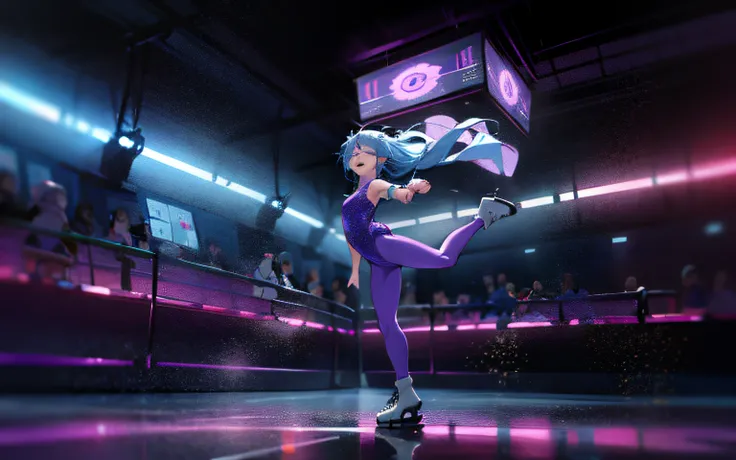 Figure skating wears a purple costume on white ice, hair bobbles, long eyelasher, Blue hair, Closed eyes, Light smile, angle of view, Atmospheric perspective, anime, Anime style, 8K, Super detail, ccurate, Best quality