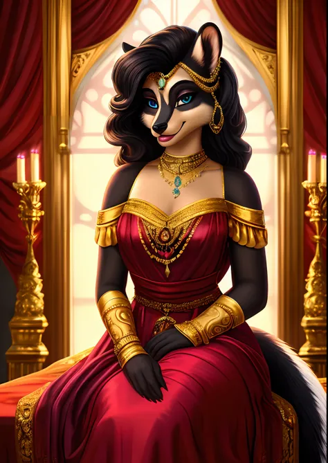 (best quality,4k,highres,masterpiece:1.2),ultra-detailed,e621 upload,solo female,anthro,skunk,beautiful detailed eyes,beautiful detailed lips,extremely detailed eyes and face,longeyelashes,fancy silk dress that is form fitting,happy,magnificent chandelier,...