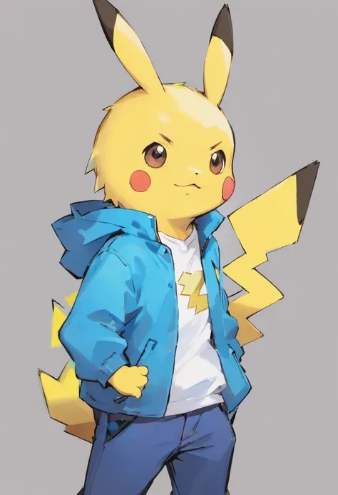 Pokémon: Pikachu wears a white shirt and a blue jacket