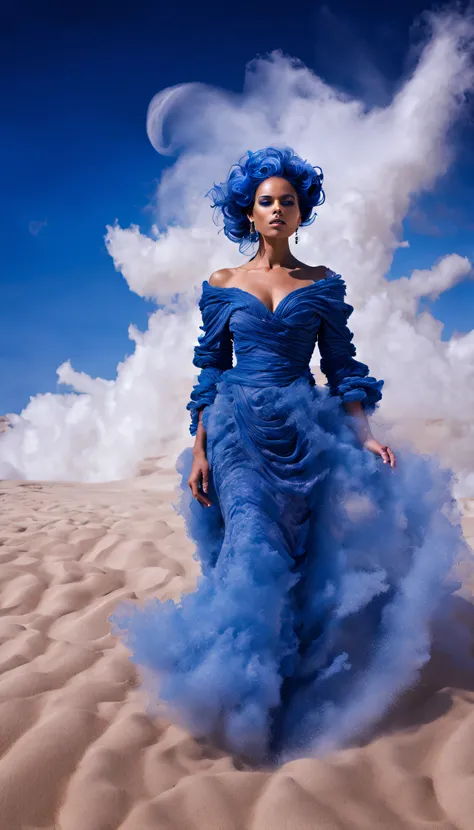 (photograph of a female model in sapphire blue ocean haute couture standing in the desert）,haute couture, witch costume
backgrou...