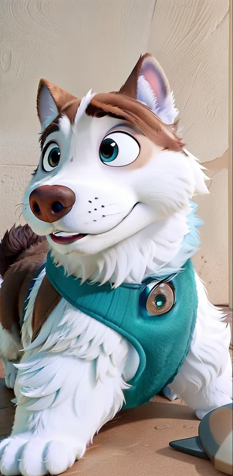 Criar um personagem no estilo Pixar da Disney, cachorro, husky siberiano, brown hair, olho azul