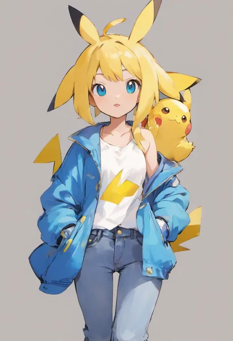 Pokémon: Pikachu wears a white shirt and a blue jacket and blue jeans