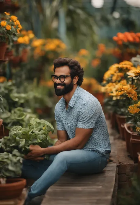 Imagem de um rapaz branco, barba curta, que usa uma bengala preta, eyeglass, cabelos curtos, uma camisa estampada, jeans and sneakers. Hes fun and loves plants. Ele em um formato Pixar, his name is WES GUIMARÃES. Colocar o nome acima da imagem