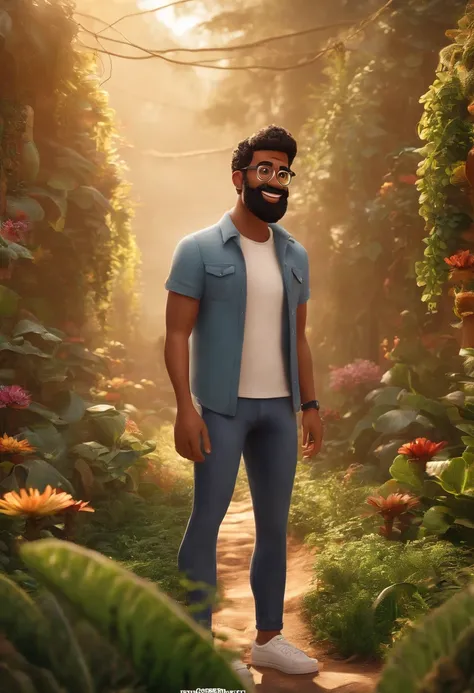 Imagem de um rapaz branco, barba curta, que usa uma bengala preta, eyeglass, cabelos curtos, uma camisa estampada, jeans and sneakers. Hes fun and loves plants. Ele em um formato Pixar, his name is WES GUIMARÃES. Colocar o nome acima da imagem