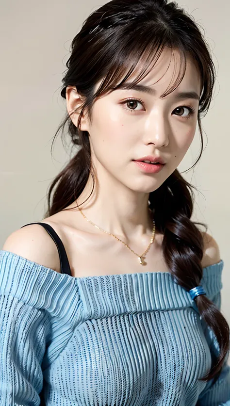 (top-quality、8K、32K、​masterpiece、nffsw:1.2)、Photo of a cute Japanese woman、middlebreast、((Semi-long chignon hair))、The upper part of the body、sface focus、off-the-shoulder sweater、a necklace、simple background、From  above、looking at the viewers、(profetional ...