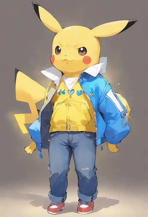 Pokémon: Pikachu wears a white shirt, a blue jacket, and blue jeans