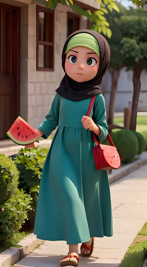 Muslim girl, palestenian, long drees, Water melon, slice of, green, red, black, beautiful shining eyes