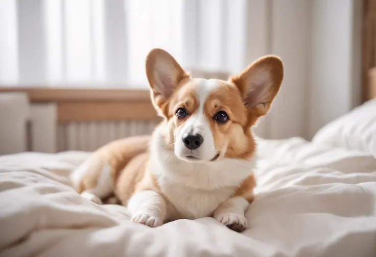 The Welsh Corgi lies in bed, Clear and realistic fur texture, 80s style, Fulll body Shot, high-quality photo.