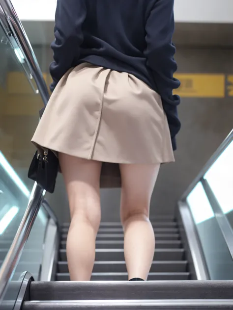 Up Escalator Skirt、short coat、bottom body close up、View from behind、Very low camera angle、Slouched、bent forward